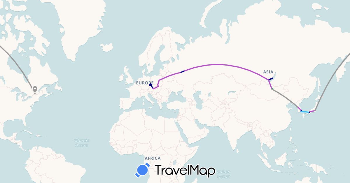TravelMap itinerary: driving, bus, plane, train, boat in Czech Republic, South Korea, Russia (Asia, Europe)